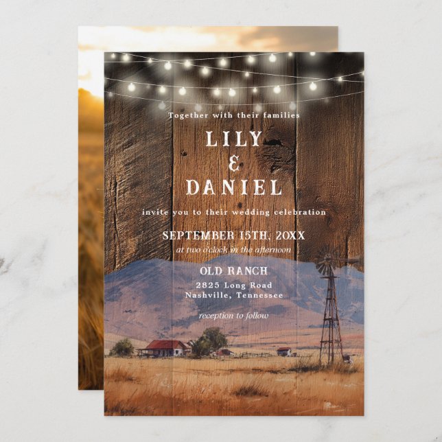 Invitation Rustic Ranch Barn Wood String Lights Photo Wedding (Devant / Derrière)