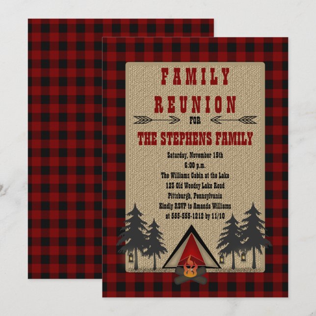 Invitation Rustic Red Buffalo Checks Camping Famille Réunion (Devant / Derrière)