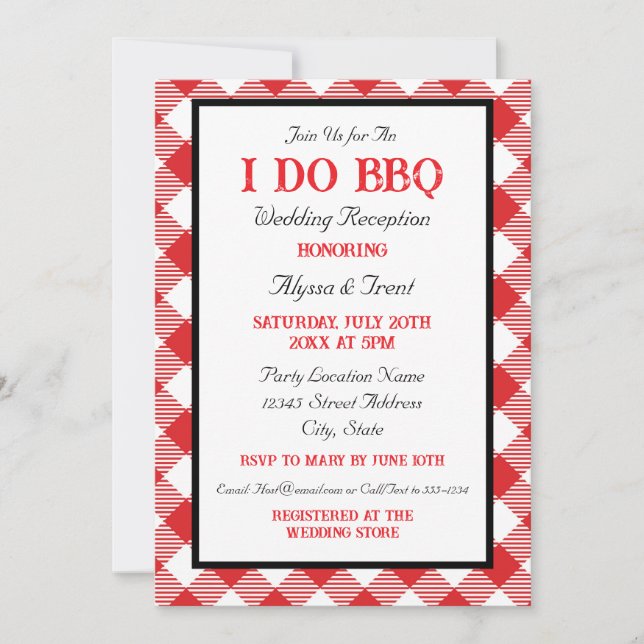 Invitation Rustic Red En vichy I Do BBQ Mariage Réception (Devant)