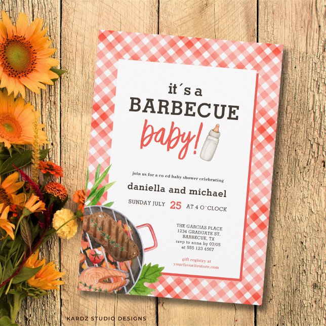 Invitation Rustic Red Grill Barbecue Baby Shower (Front of the invitation shown in 5x7-inch. Choose size, paper, and corner style.)