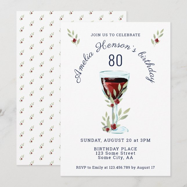 Invitation Rustic Red Wine Rose Aquarelle 80e anniversaire (Devant / Derrière)