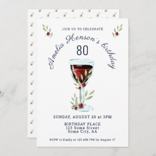 Invitation Rustic Red Wine Rose Aquarelle 80e anniversaire