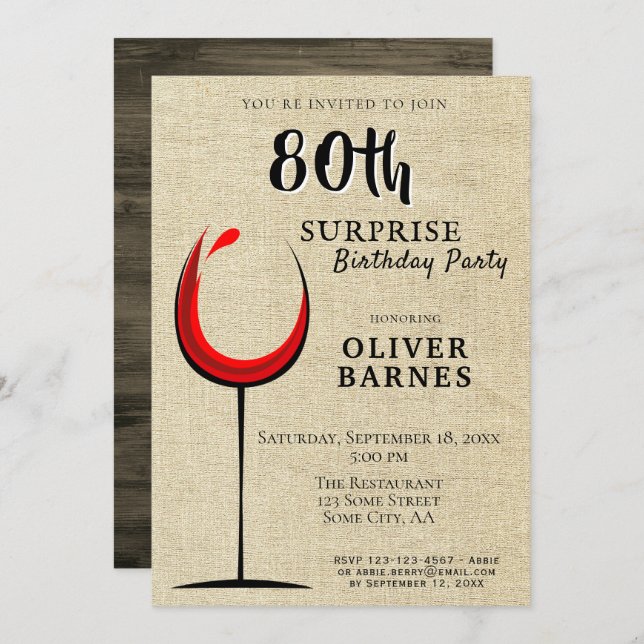 Invitation Rustic Red Wine Surprise 80e anniversaire (Devant / Derrière)