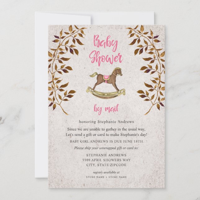 Invitation Rustic Rocking Horse fille baby shower par mail (Devant)