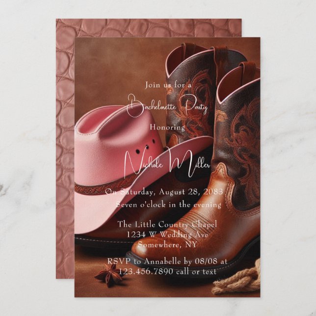 Invitation Rustic Romance : Boots & Casquette Bachelorette Pa (Devant / Derrière)