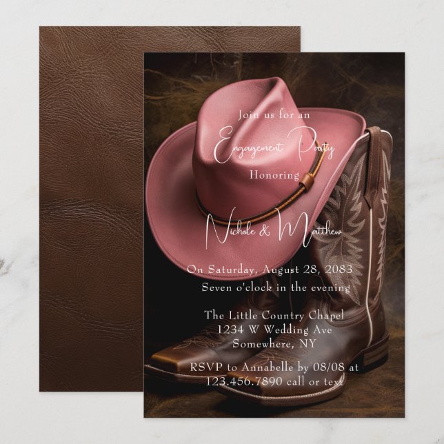 Invitation Rustic Romance : Boots & Casquette Engagement Part (Devant / Derrière)