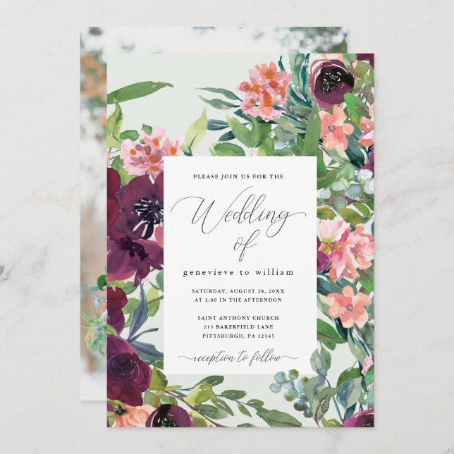 Invitation Rustic Romance Floral Photo Mariage (Devant / Derrière)