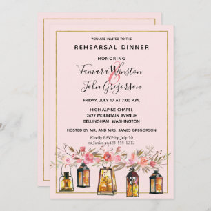 Invitation Rustic Romance Lanterns Rose Dîner de répétition d