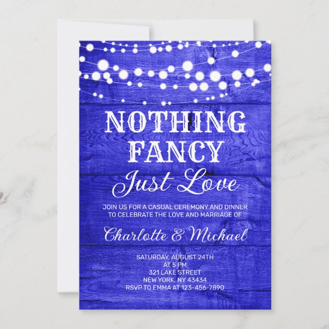Invitation  Rustic Royal Blue Nothing Fancy Just Love Wedding (Devant)