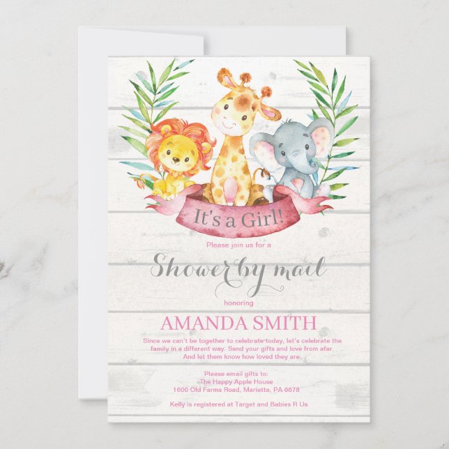 Invitation Rustic Safari Jungle Baby shower fille par la post (Devant)