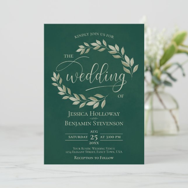 Invitation Rustic Sage Green Feuilles Emerald Green Mariage (Debout devant)