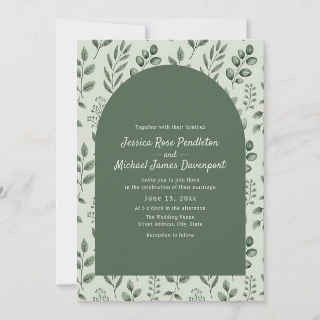 Invitation Rustic Sage Green Leaves Arch Photo Wedding (Devant)