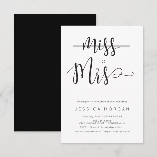 Invitation Rustic Script Miss à Mme Fête des mariées Invitati (Devant / Derrière)