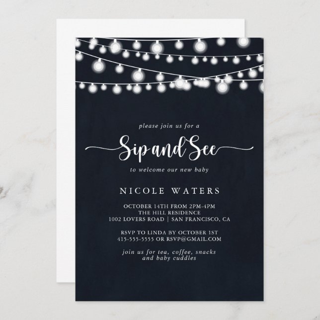 Invitation Rustic String Lights Calligraphy Signez et consult (Devant / Derrière)