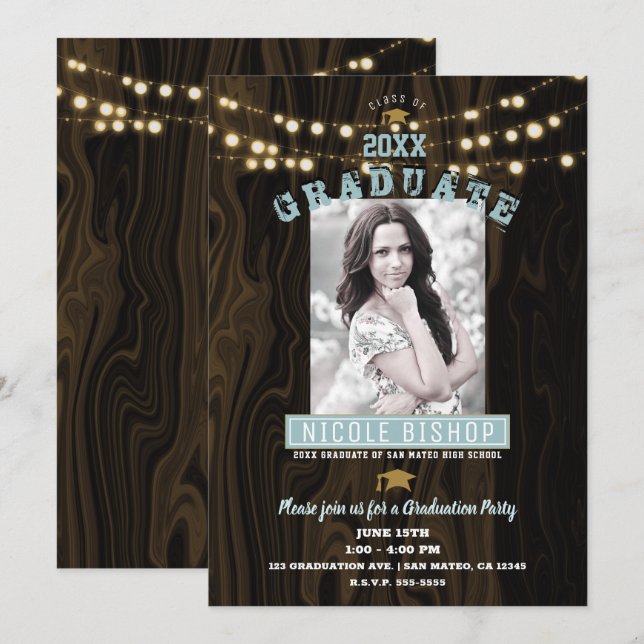 Invitation Rustic String Lights Photo Graduation Party (Devant / Derrière)