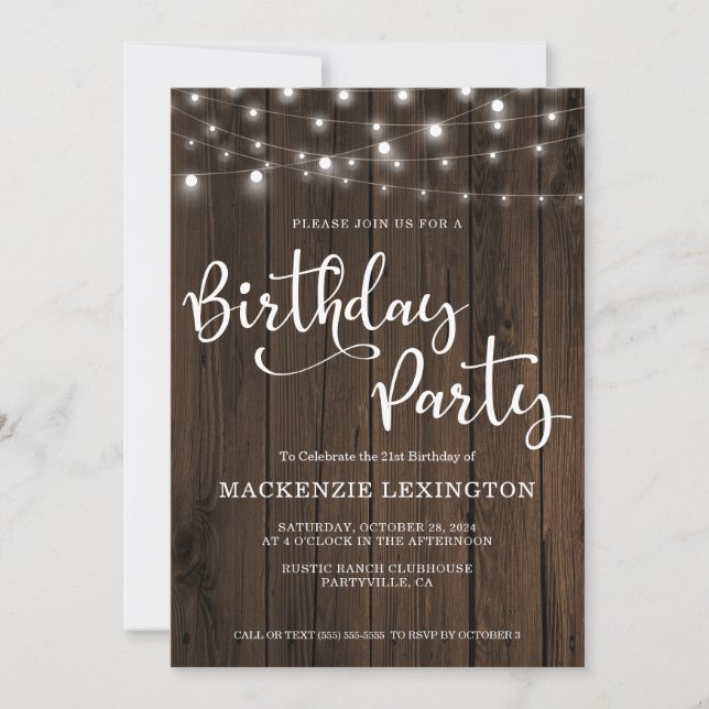 Invitation Rustic String Lights Wood 21e fête d'anniversaire (Devant)