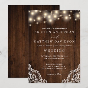 Invitation Rustic String Lights Wood Lace Détail Mariage
