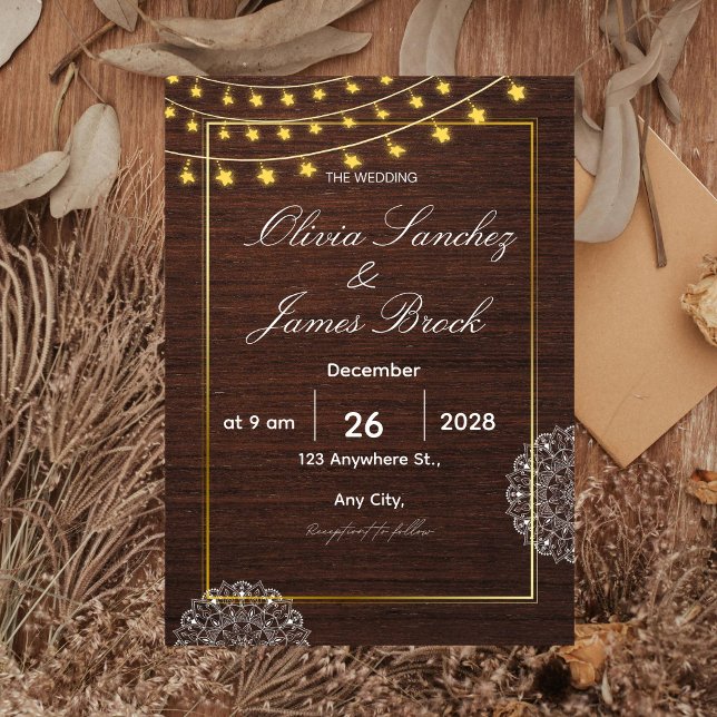 Invitation Rustic String Lights Wood Wedding Invitation, Boho (Créateur téléchargé)