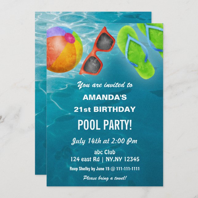 Invitation Rustic Summer Swimming Pool Party Birthday  (Devant / Derrière)