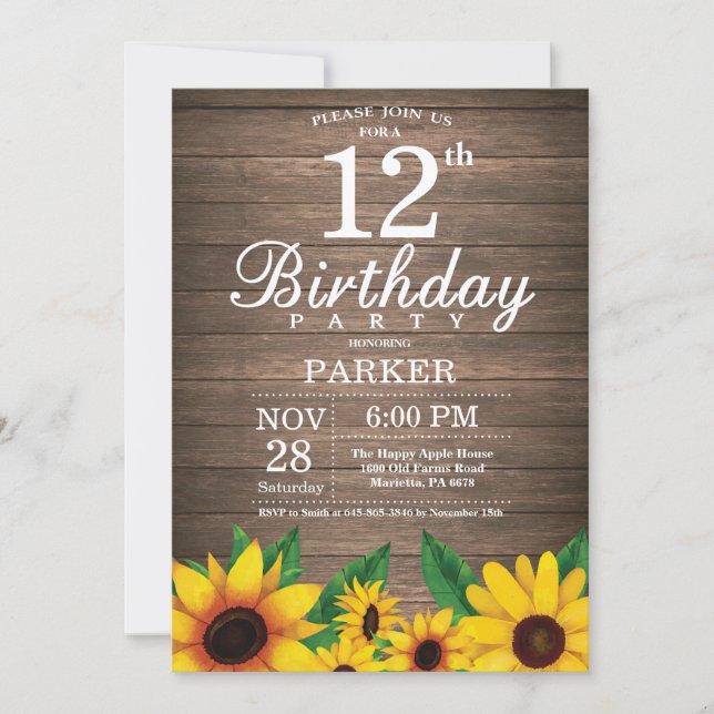 Invitation Rustic Sunflower 12e anniversaire (Devant)