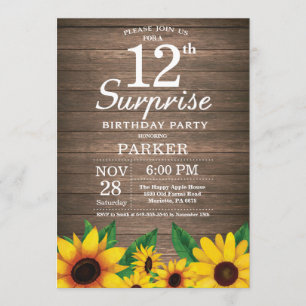 Invitation Rustic Sunflower Surprise 12e anniversaire Invitat