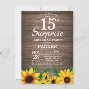 Invitation Rustic Sunflower Surprise 15e anniversaire Invitat