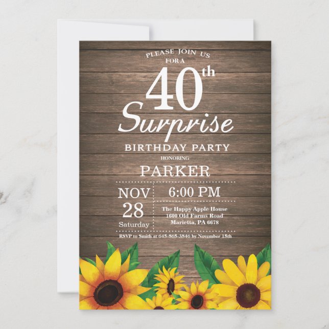 Invitation Rustic Sunflower Surprise 40e anniversaire Invitat (Devant)