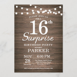 Invitation Rustic Surprise 16e anniversaire Bois