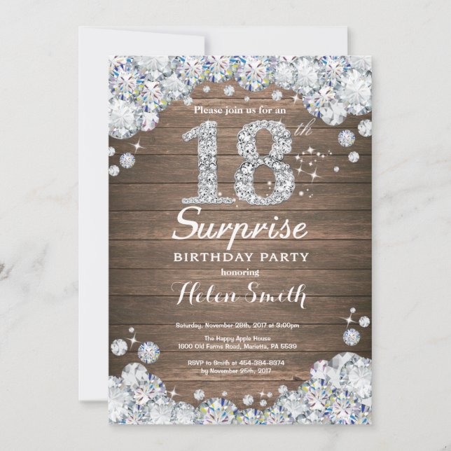 Invitation Rustic Surprise 18e anniversaire Silver Diamond (Devant)