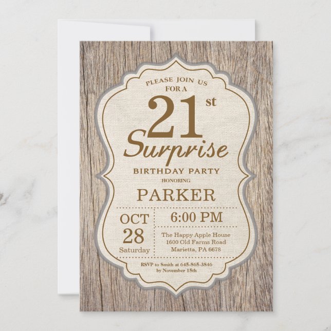 Invitation Rustic Surprise 21e anniversaire Bois (Devant)