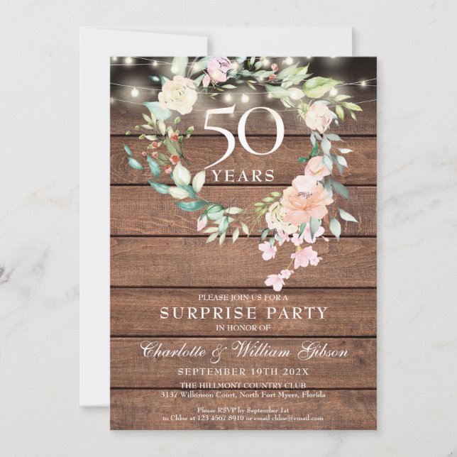 Invitation Rustic Surprise Party 50e anniversaire Floral (Devant)