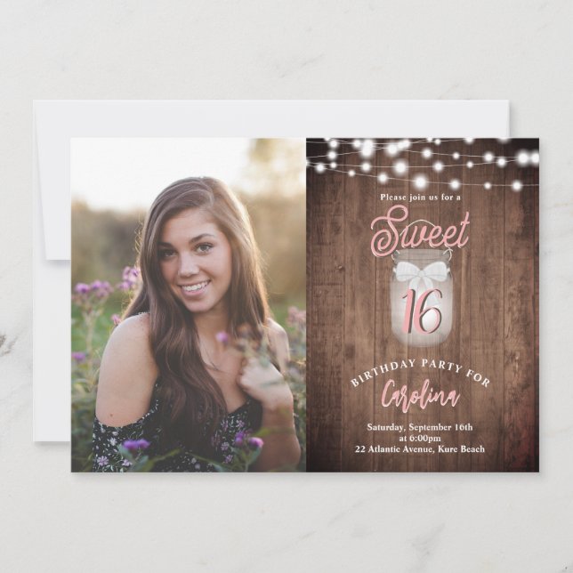 Invitation Rustic Sweet 16 Mason Jar Lumières Anniversaire (Devant)