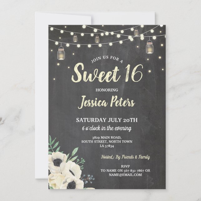 Invitation Rustic Sweet 16 Party Chalk Jars Cream Fireflies (Devant)