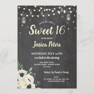 Invitation Rustic Sweet 16 Party Chalk Jars Cream Fireflies