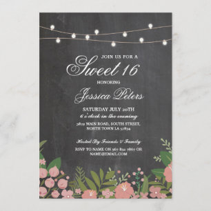 Invitation Rustic Sweet 16 Party Coral Floral Chalk Invitatio