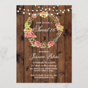 Invitation Rustic Sweet 16 Party Floral Fleurs de couronnes I