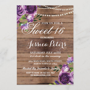 Invitation Rustic Sweet 16 Party Floral Wood Purpl