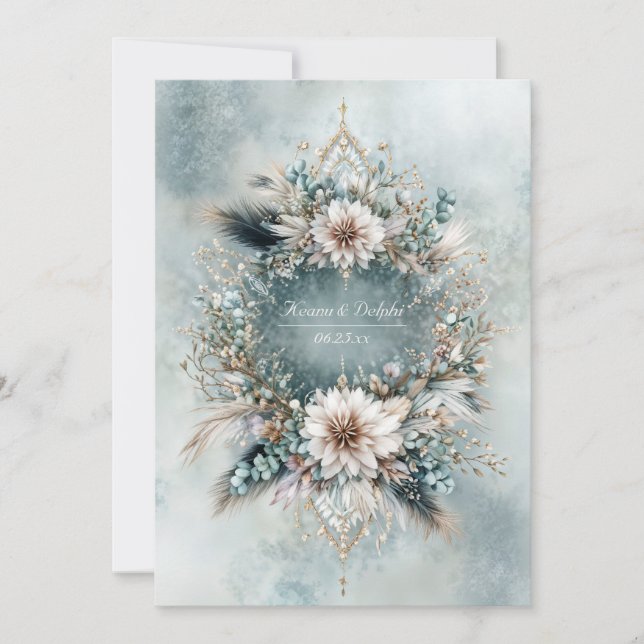 Invitation Rustic Teal Blue Feather White Floral Wedding (Devant)