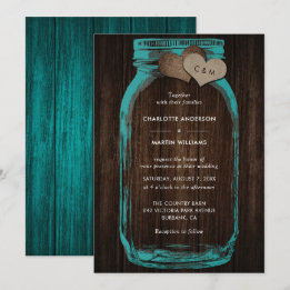 Invitation Rustic Teal Mason Jar Wood Hearts Monogram Wedding