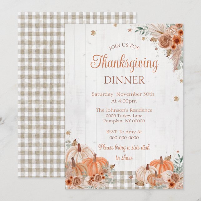 Invitation Rustic Thanksgiving Diner Party (Devant / Derrière)