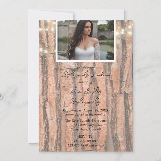 Invitation Rustic Tree Heart Photo Lights Bridesmaich Déjeune (Devant)