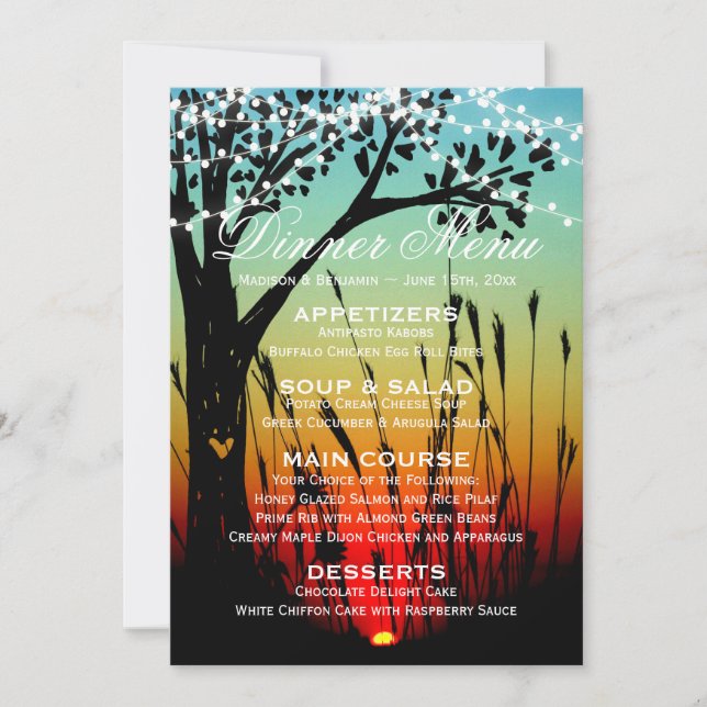 Invitation Rustic Tree Lights Sunset Mariage Dîner Menu (Devant)