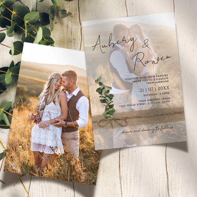Invitation Rustic Twine Burlap Eucalyptus Boho Photo Wedding (Créateur téléchargé)