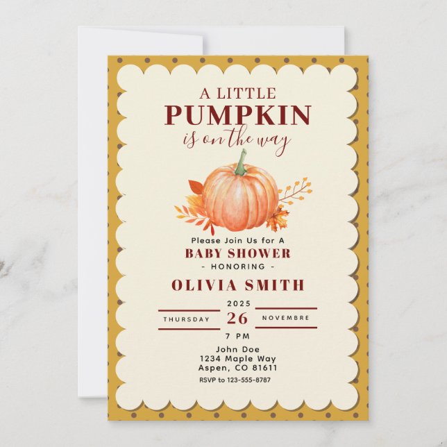 Invitation Rustic un petit Citrouille point de Baby shower d' (Devant)