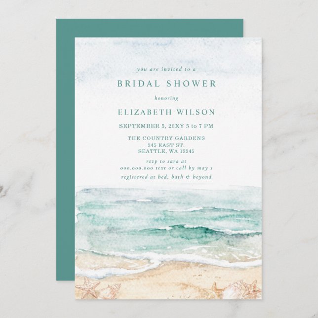 Invitation Rustic Watercolor Beach Bridal Shower (Devant / Derrière)