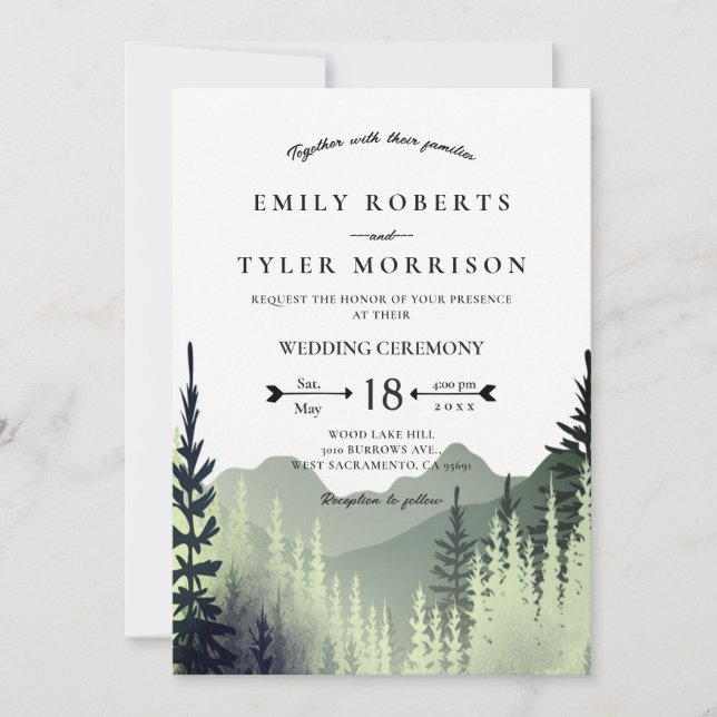 Invitation Rustic Watercolor Mountains Pine Trees Mariage (Devant)