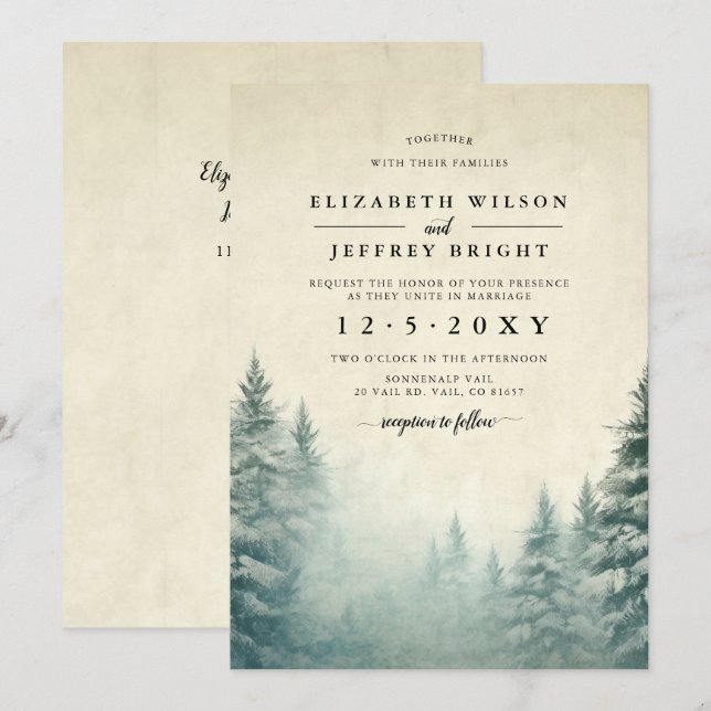Invitation Rustic Watercolor Pine Forest Mariage d'hiver Inv (Devant / Derrière)