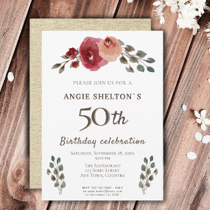 Invitation Rustic Watercolor Roses Floral 50e fête d'annivers