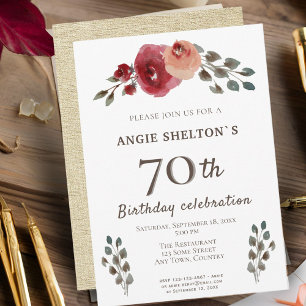 Invitation Rustic Watercolor Roses Floral 70e fête d'annivers