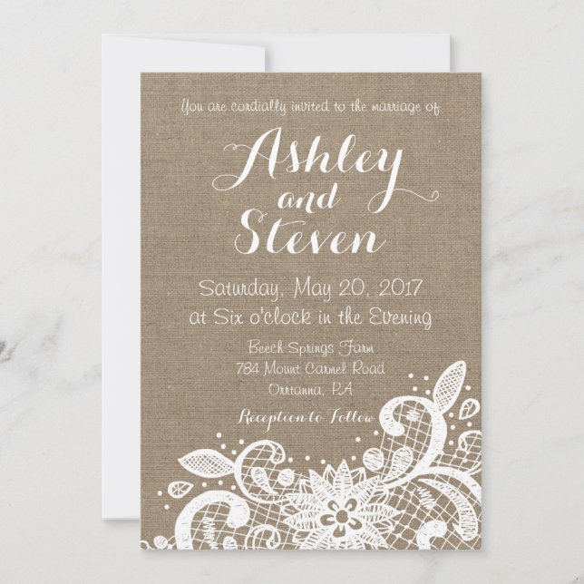 Invitation Rustic wedding Invite with lace over burlap (Devant)